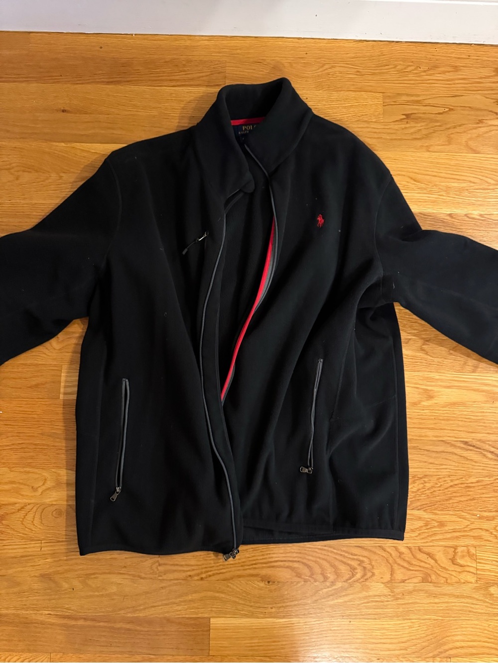 Ralph Lauren Black Fleece Zip Jacket with Red Polo Logo